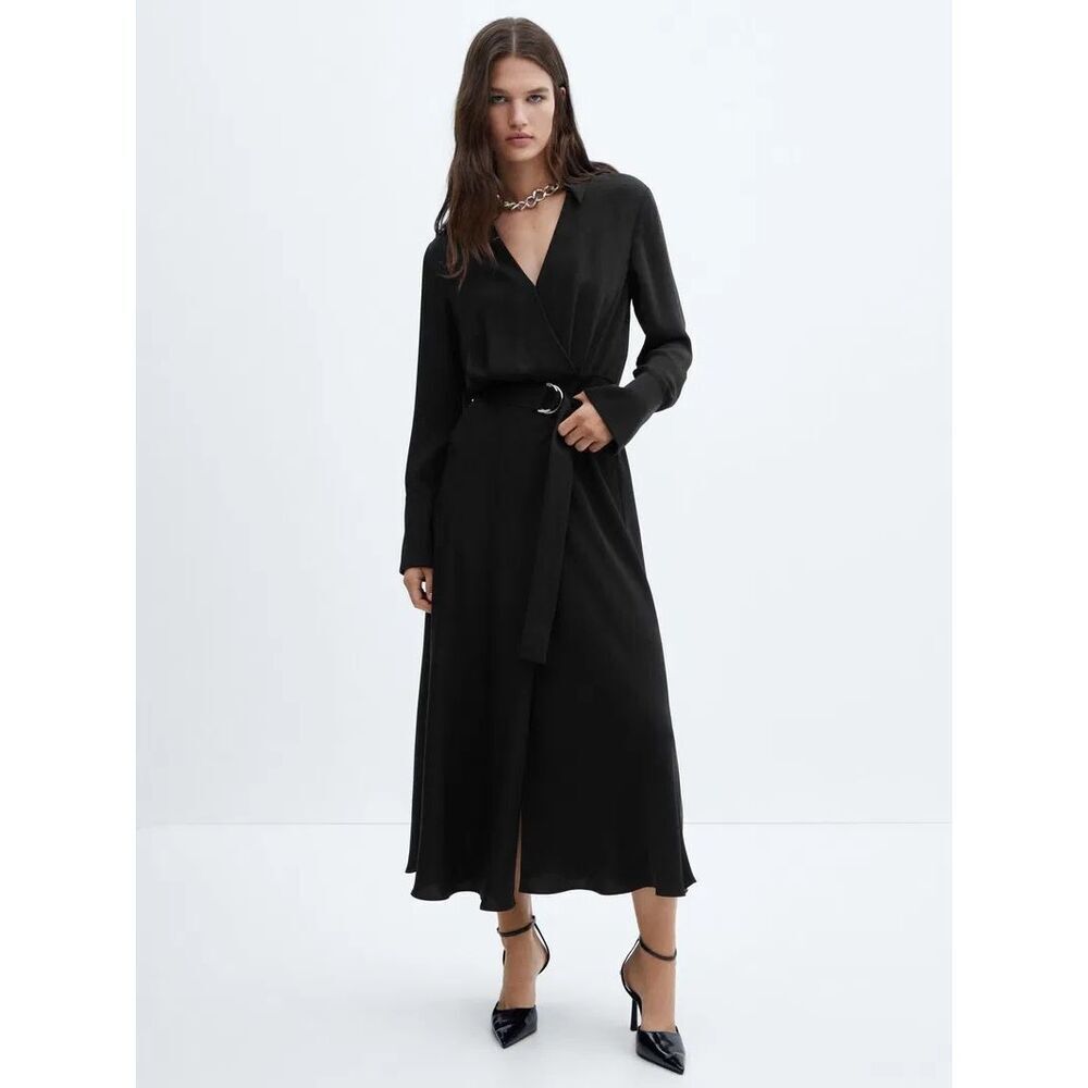 Mango Sasha Long Sleeve Buckle Midi Dress in Black Size 6